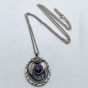 Vtg Navajo Sterling Silver Purple Mojave Mohave Stone Floral Necklace 22” +1.4”